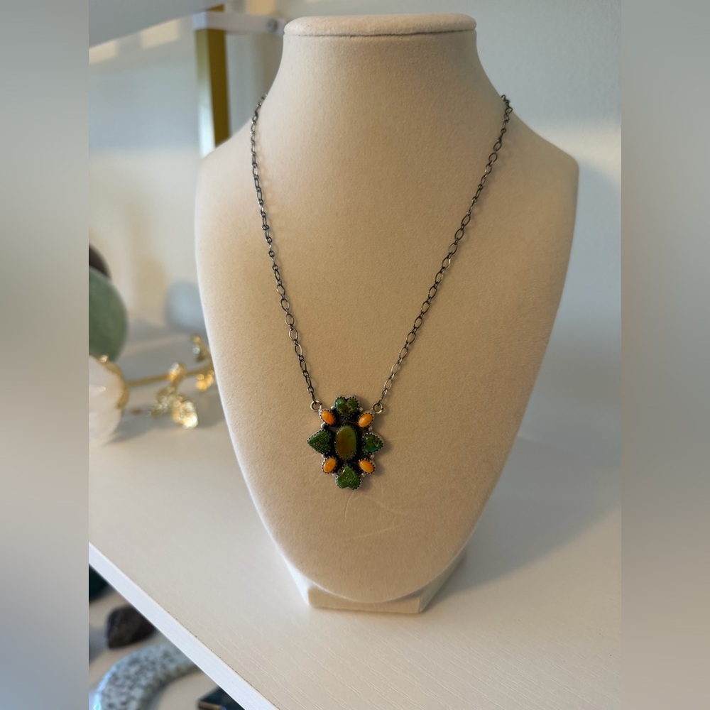 Multistone Turquoise Sterling Silver Cluster Necklace